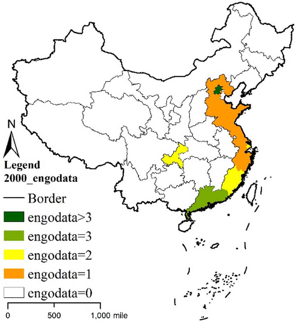Figure 2
Spatial distribution of the ENGOs’ number of all provinces in 2000.