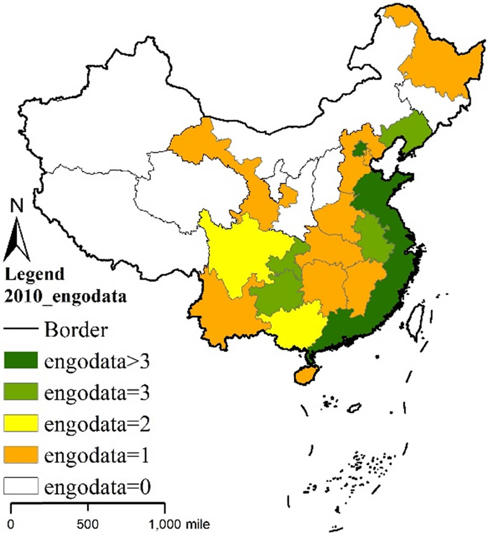 Figure 3
Spatial distribution of the ENGOs’ number of all provinces in 2010.