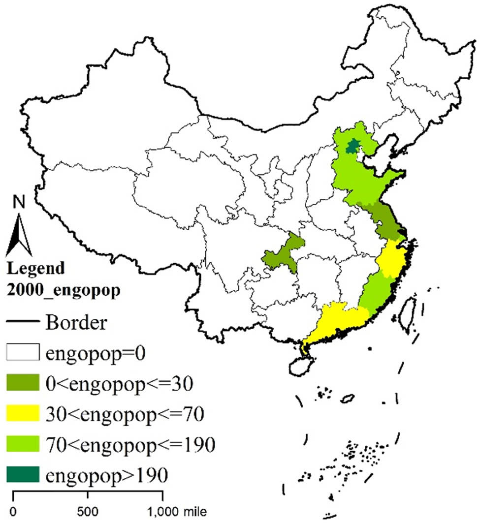 Figure 4
Spatial distribution of the ENGOs’ employees of all provinces in 2000.