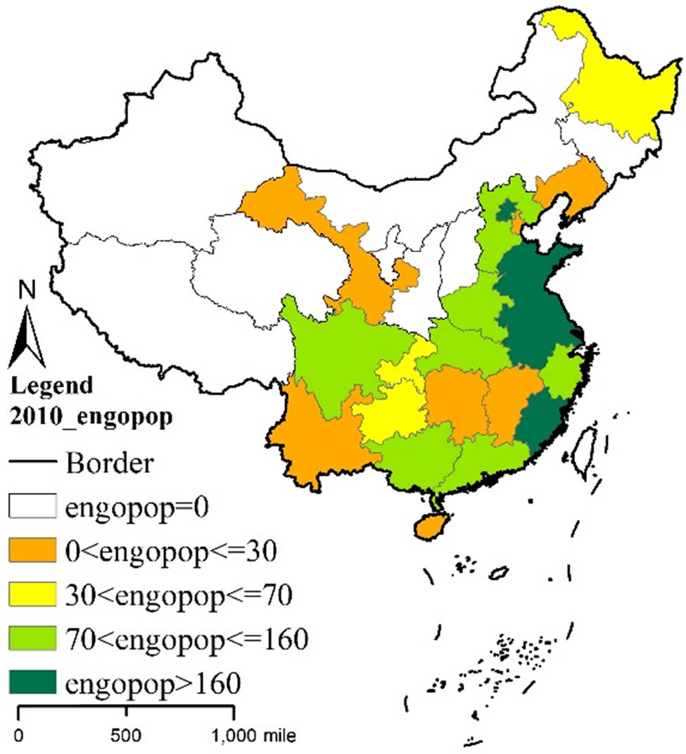 Figure 5
Spatial distribution of the ENGOs’ employees of all provinces in 2010.