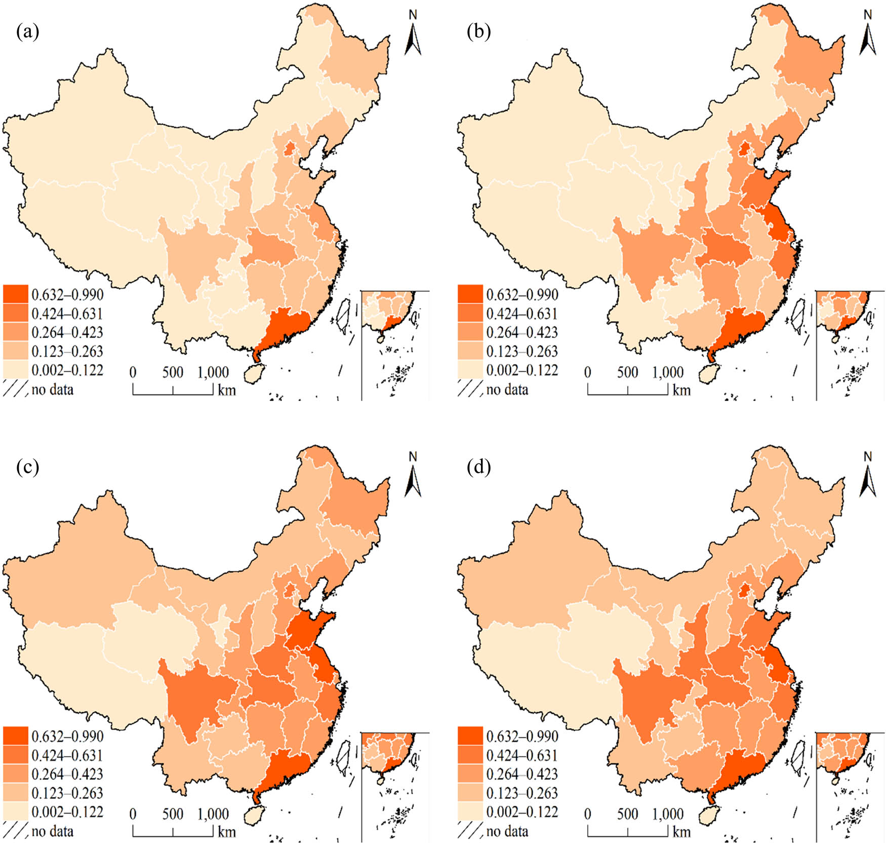 Figure 2
Spatial and temporal pattern of china’s higher education competitiveness level from (a)–(d) 2008 to 2020. Review number: GS (2019) 1822.