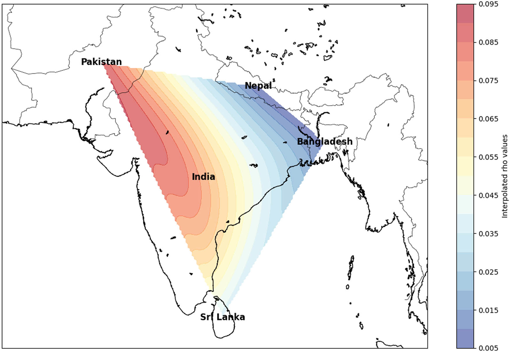 Figure 4 
                  Interpolated spatial SAR results for SAARC countries. Source: Authors own elaboration.
               