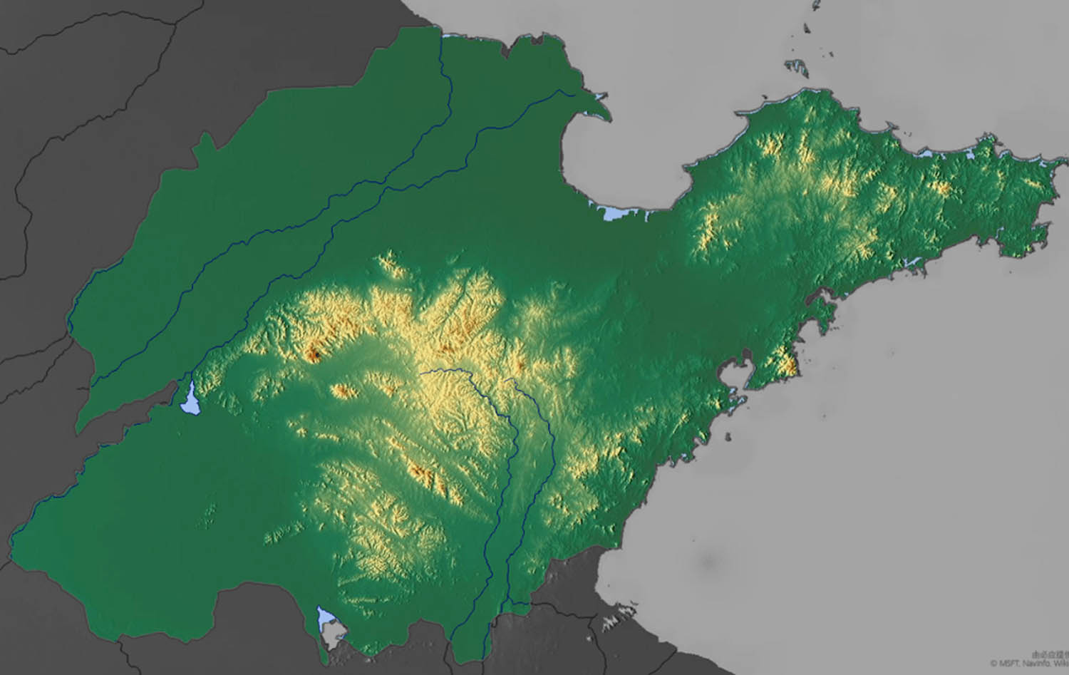 Figure 4 
                     Topographic map of Shandong province. Note: Figure is sourced from the website: https://www.sohu.com/a/605452478_121124217.