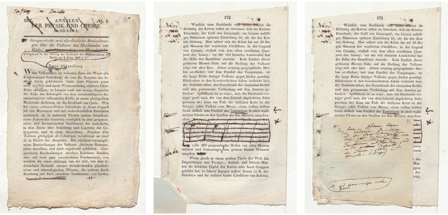 Abb. 3: Druckvorlage des Textes Geognostische und physikalische Beobachtungen über die Vulkane des Hochlands von Quito (1837) für die Kleineren Schriften; Humboldt trug seine Überarbeitung in den Druck des Aufsatzes ein.Vgl. die Materialien mit der Signatur Nachlass Alexander von Humboldt Bd. 9/2 Bl. 79–153 in der Biblioteka Jagiellońska in Krakau: https://jbc.bj.uj.edu.pl/dlibra/publication/362169/edition/345547/content.