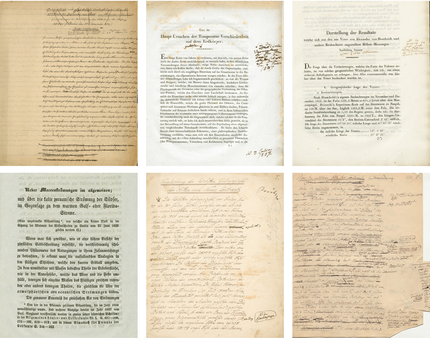 Abb. 4: Nachlassmaterialien zu den beiden Bänden der Kleineren Schriften in unterschiedlichen Stadien des Entwurfs und der Ausarbeitung.Alle hier abgebildeten Dokumente werden unter der Signatur Cotta: Manuskripte Humboldt im Cotta-Archiv des Deutschen Literaturarchivs Marbach aufbewahrt, mit Ausnahme der Handschrift unten rechts, die unter der Signatur Nachlass Alexander von Humboldt Bd. 10 Bl. 305–375 in der Biblioteka Jagiellońska in Krakau liegt, vgl. https://jbc.bj.uj.edu.pl/dlibra/publication/357715/content.