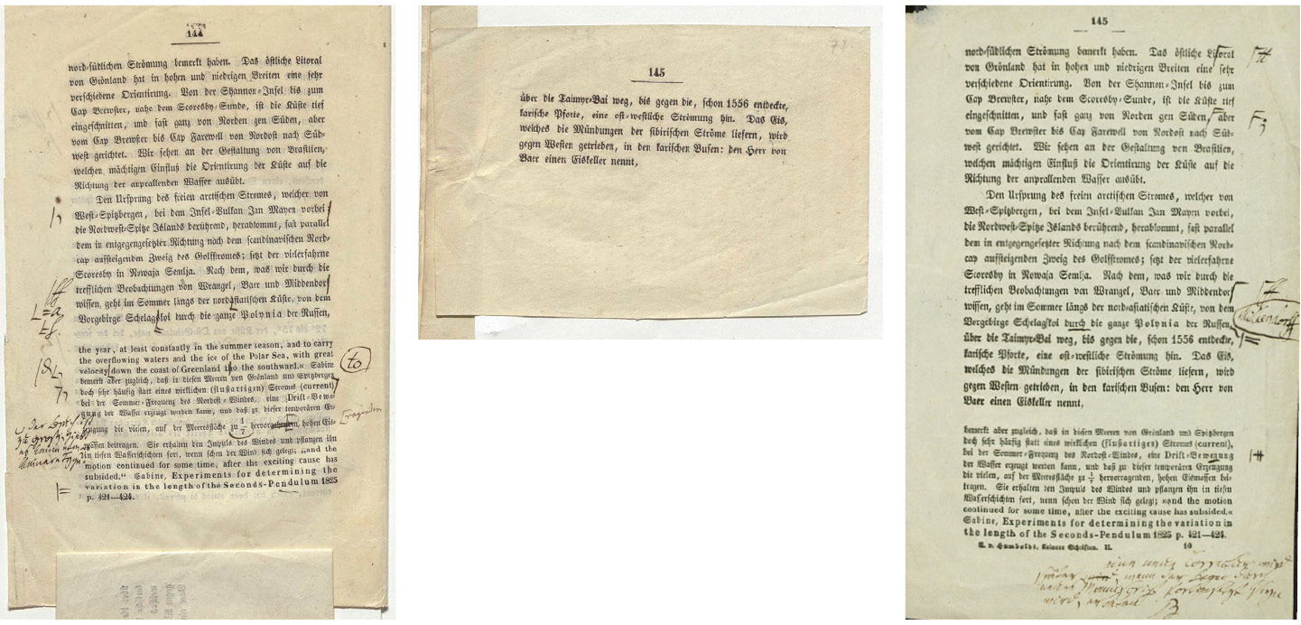 Abb. 8: Seite 144 mit eingeklebter Seite 145 der Krakauer Korrekturfahne (links und Mitte); Seite 145 der Marbacher Korrekturfahne (rechts).