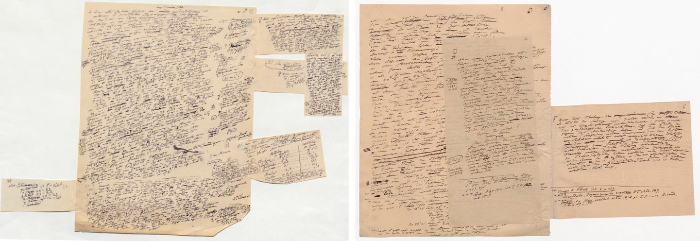 Abb. 10: Blätter aus Humboldts Entwurfsmanuskripten (links: Krakau, Bl. 52–57; rechts: Berlin, Bl. 7–8).Vgl. oben Anm. 33 und 34 für die Signaturen und Links zu Digitalisaten.