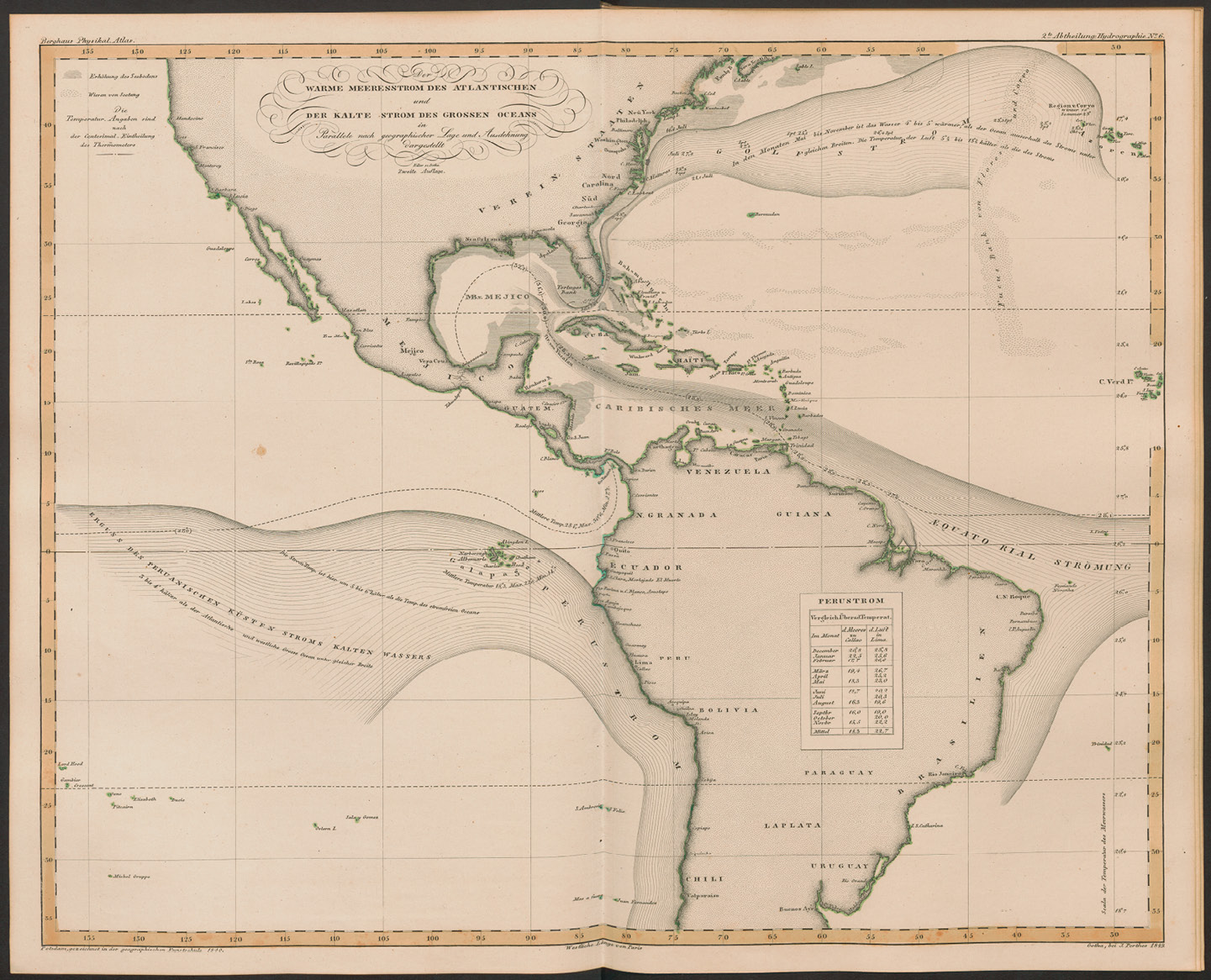 Abb. 12: Eine Karte in Heinrich Berghaus’ Physikalischem Atlas zu Alexander von Humboldts Kosmos (1845) zeigt den heute sogenannten atlantischen Golfstrom und den pazifischen Humboldtstrom.