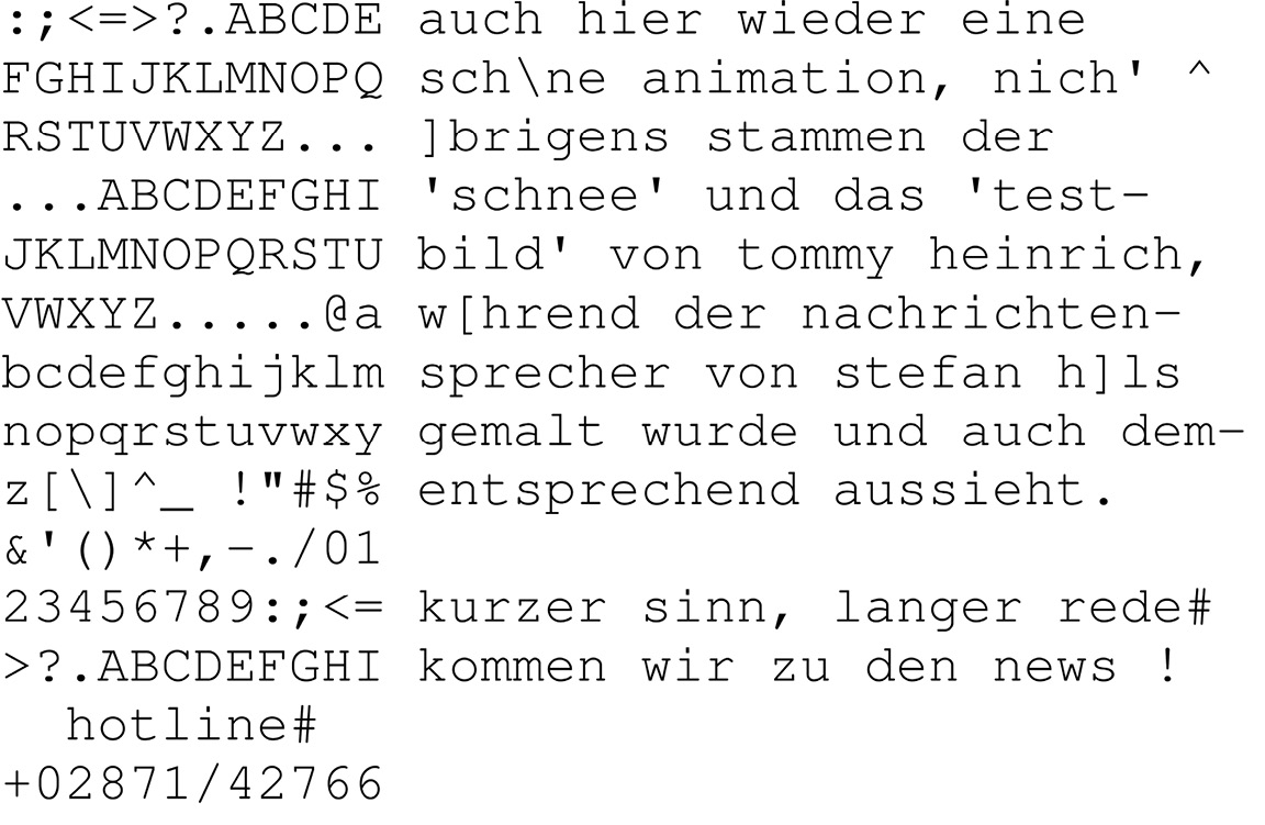 Abb. 4b: Auflösung der oberen Hälfte des Bildschirminhalts (Screencodes) aus Abb. 4a nach ASCII (ohne Invertierungen). Die Grafik ist aus 12×12=144 Zeichen zusammengesetzt, somit bleiben noch 111 Screencodes für Schriftzeichen.