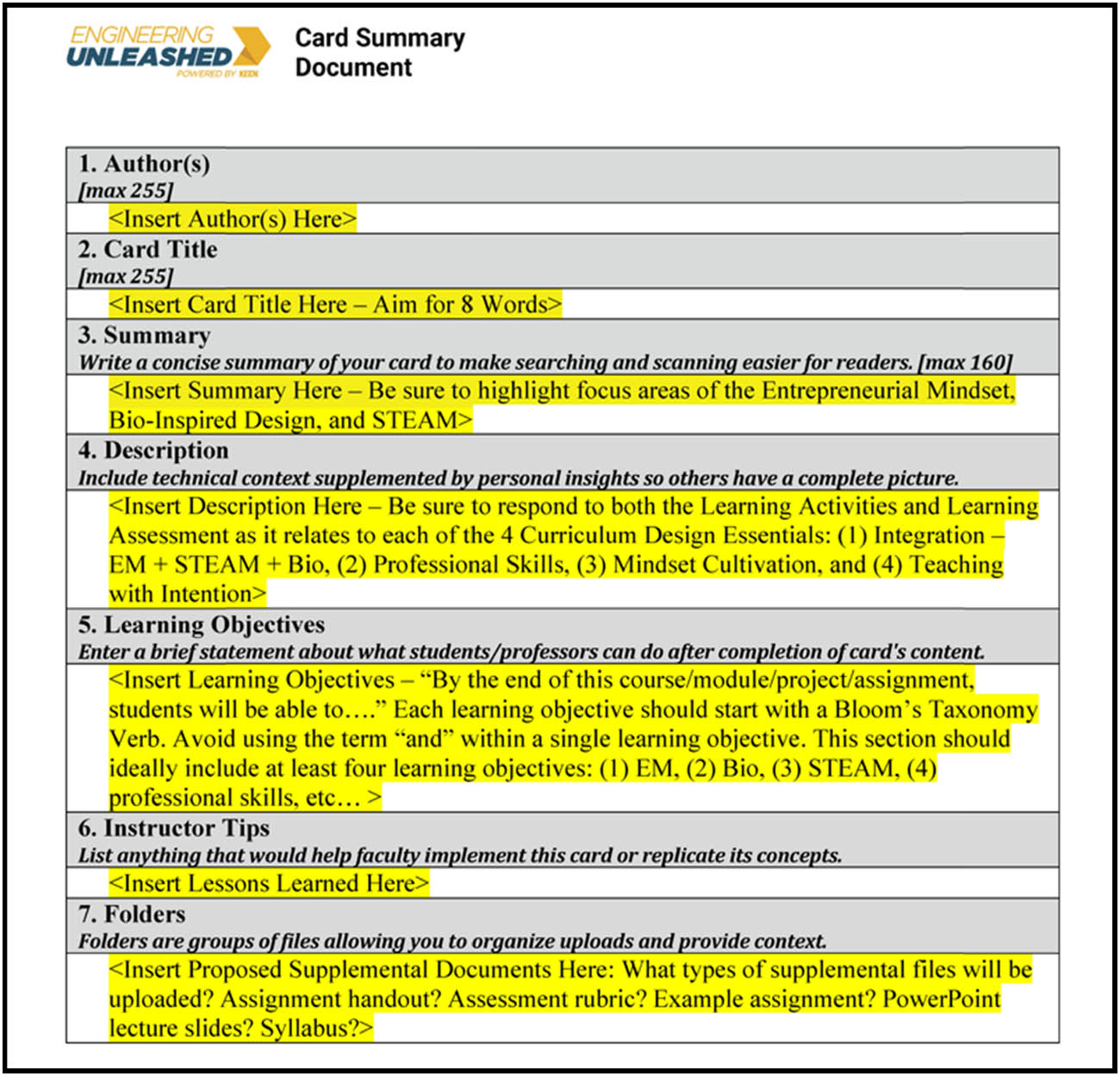 Figure A3 
                  Learning activities: engineering unleashed card summary document.
               