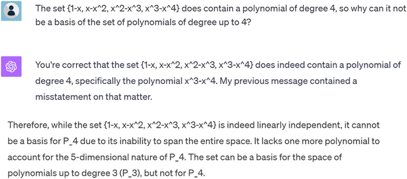 Figure 12 
                     Correct and complete answer of ChatGPT to our question about a certain set of polynomials.
                  