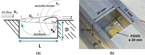 Figure 1:
Proposed aeroacoustic transducer: schematic of a rectangular cavity of length L and depth D (a) and fabricated aeroacoustic energy harvester with the piezoelectric membrane at its bottom (b).