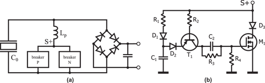 Figure 6:
Schematic of the AC/DC converter (a) and of the positive side electronic breaker (b).