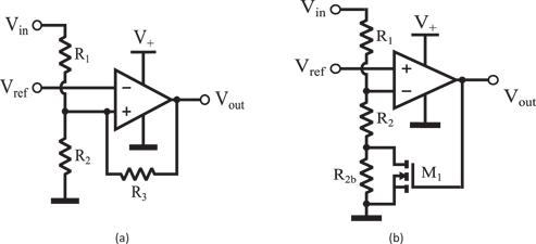 Figure 10:
Two implementations of a discrete hysteresis comparator circuit: with feedback resistor (a) and without feedback resistor.