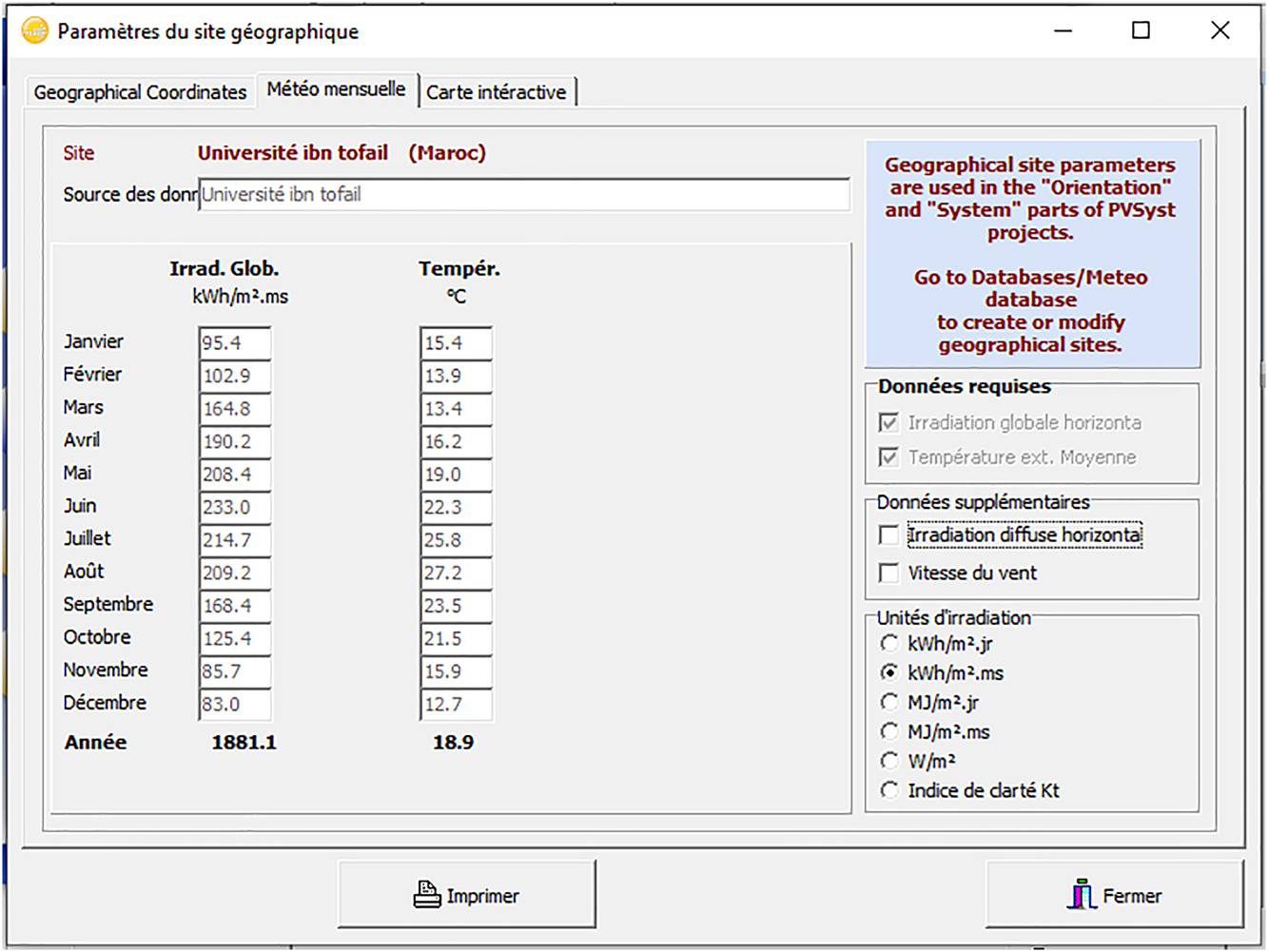 Figure 3:
Geographic parameters of the site.