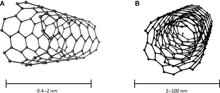 Figure 2 Types of carbon nanotubes: (A) single walled (SWNT) and (B) multi-walled (MWNT).