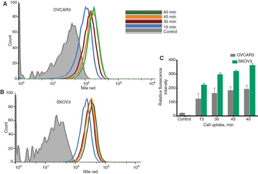 Figure 5 Cellular uptake studies by flow cytometry. OVCAR3 (A) and SKOV3 (B) cells were treated with nab-ABZ 100 μg/mL loaded with nile red in different time points (15 min, 30 min, 45 min and 1 h). Relative fluorescent intensity was measured during the time (C). Right shift of the chromatogram directs increased fluorescent intensity which indicates increased cellular uptake. Mean±SEM (standard error mean), each experiment was run twice.nab-ABZ, nano albumin formulation of albendazole.