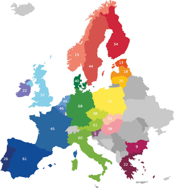 Figure 7: Sixty-nine products included in published databases have been analysed for their registration in the European clinical trial database. All European Member states were involved in the authorisation of clinical trials to a different extent. The total number of clinical trials of nanomedicines/Member State is indicated in the map. (The analysis was performed in October 2014).