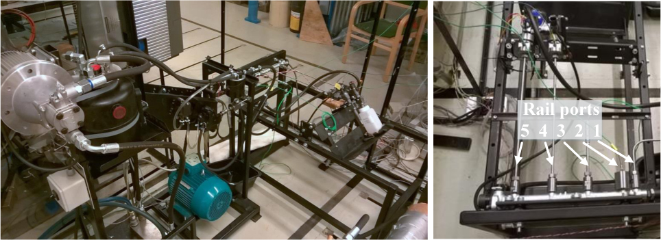 Figure 1 CR test system at Tampere University of Technology (TUT). Port 1 (from the right): supply line, Port 2: rail pressure (Kistler), Port 3: temperature (K Type thermocouple), Port 4: injector (not studied) and Port 5: studied injector.
