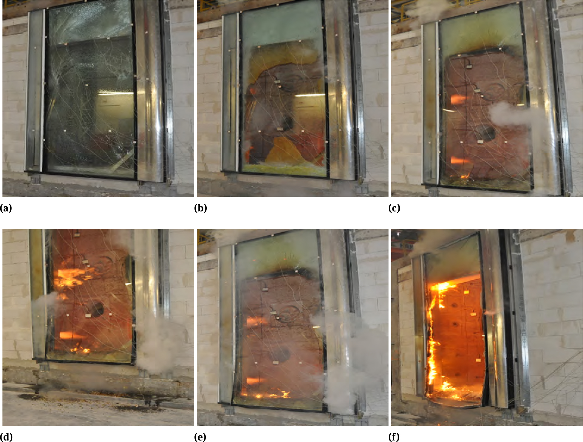 Figure 12 The view of the unexposed surface of tested specimen: a) in 4’50” of the test; b) in 6’49”of the test; c) in 10’04”of the test, d) in 12’27”of the test; e) in 12’29”of the test; f) after the test.