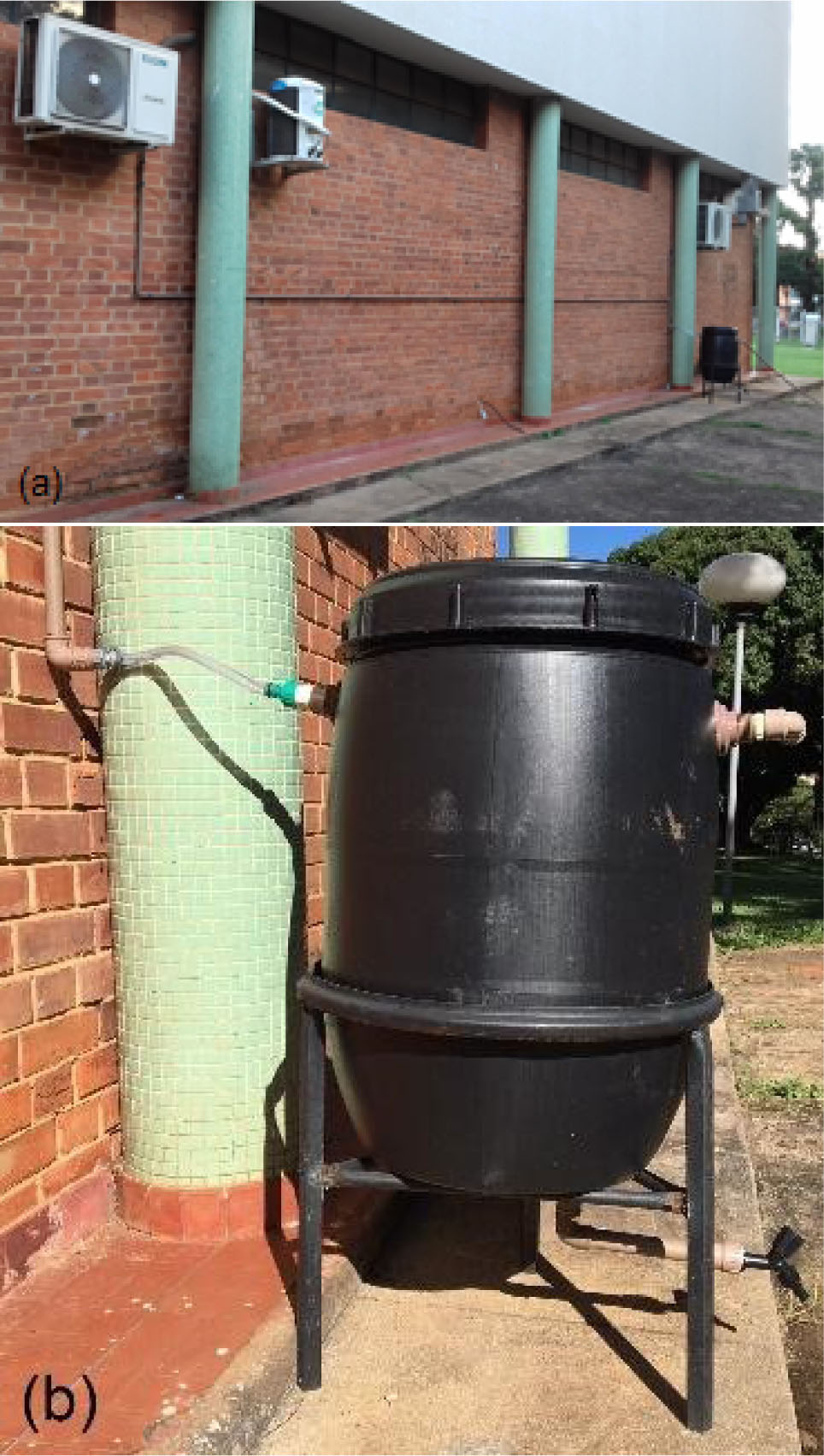 Figure 1 The water storage and collection system located outside the Laboratory of Water Analysis of the Federal University of Goiás (a), as well as the detail of the reservoir for the storage of collected water (b).
