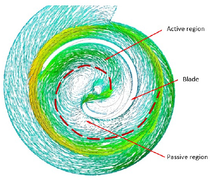 Figure 8 The velocity distribution and the division of fluid sections in the impeller