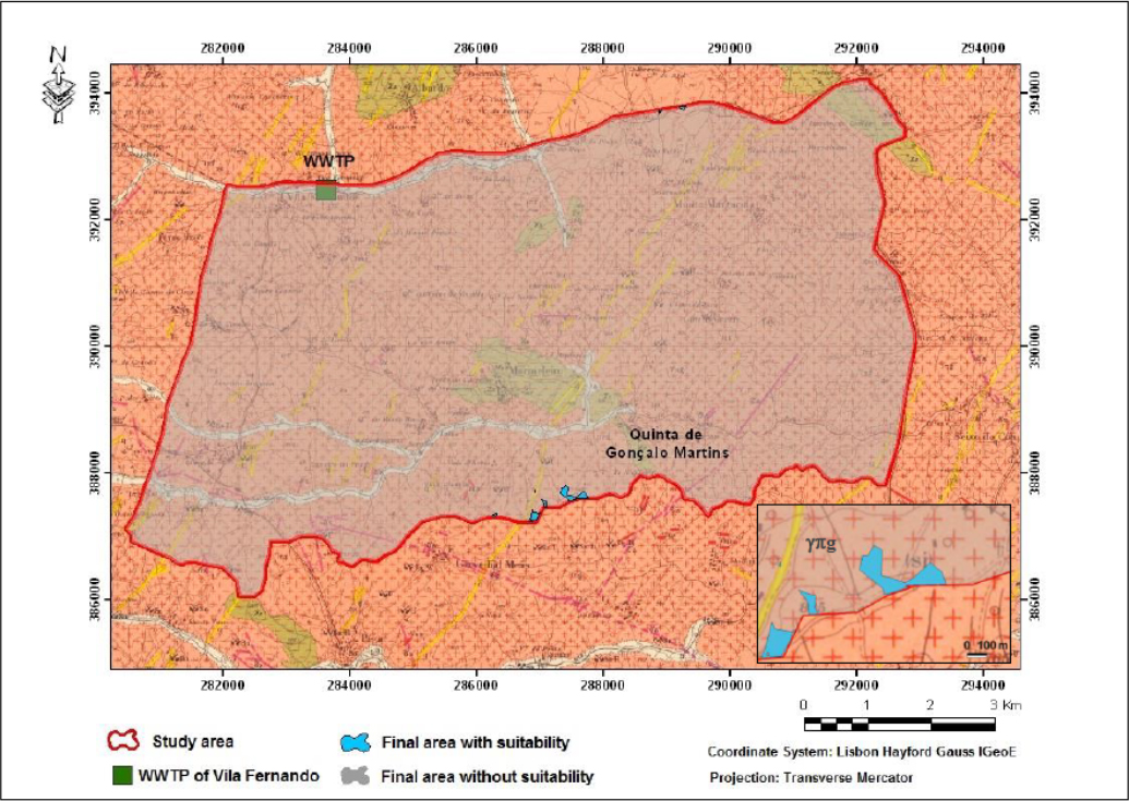 Figure 1 Location of the soil sampling area for infiltration of treated wastewater (blue spots) in an extract map from the Geological Chart of Guarda: Sheet 18-C