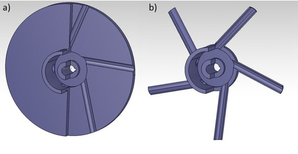Figure 1 Comparison of geometry of rotors of special centrifugal pumps: a) hole impeller, b) multi-piped impeller
