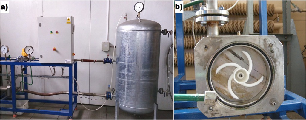 Figure 4 Presentation of test rig – (a) view of test rig, (b) the test rig model pump without the front panel with elliptical type of multi-piped impeller.