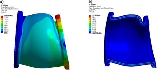 Figure 13 The deflection and von Misses stress distribution of the elastic diaphragm made of EPDM rubber. Load case: angular deflection at 15 deg. and internal pressure 20 bar, a) generalized deflection, b) von Mises stress distribution