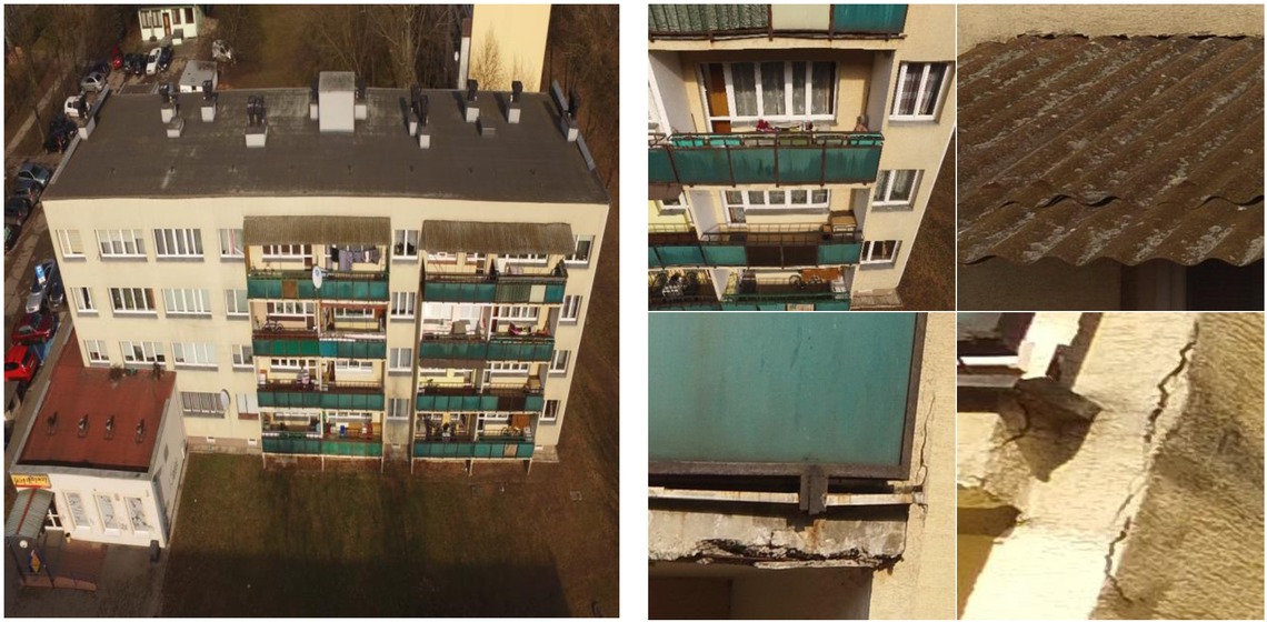 Figure 1 General view and four specific details of one of the facades in the sample.