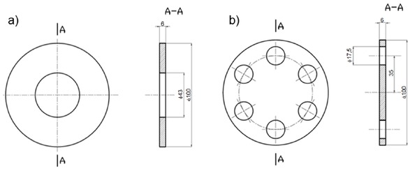 Figure 2 Measuring orifice a) standardized one-hole flange b) multi-hole flange developed by ZPDA from Ostrow Wielkopolski