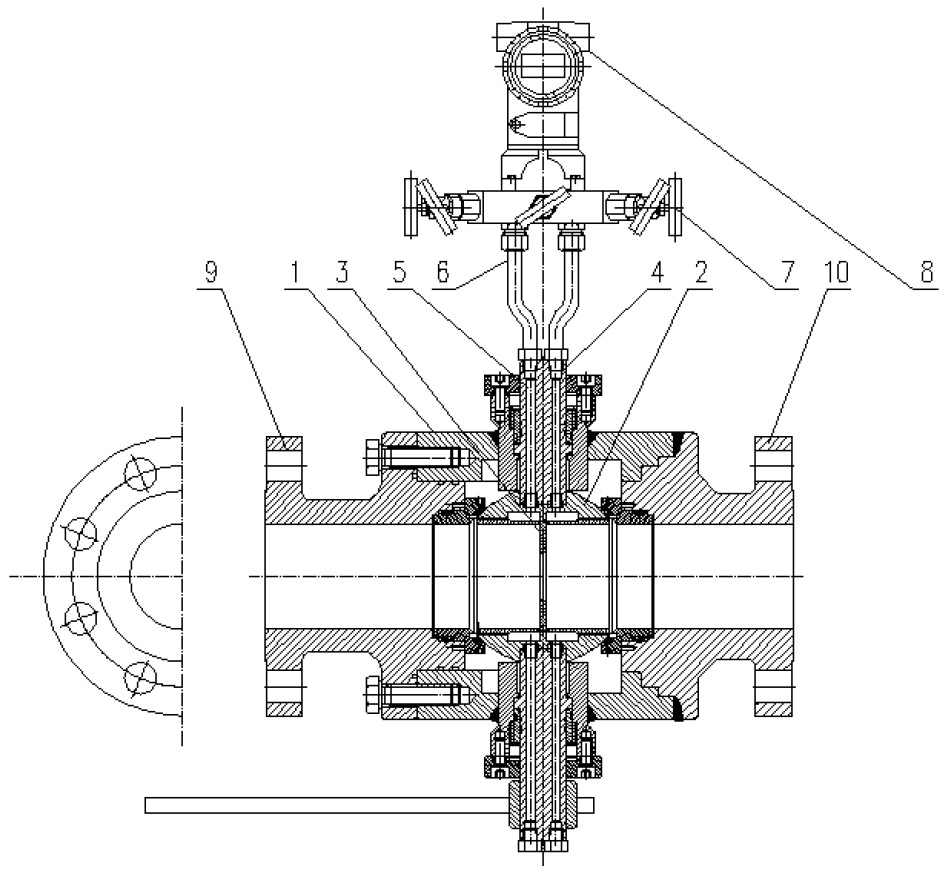 Figure 4 The cross-section of the prototype, 1 - Valve body, 2 - Ball, 3 - Measuring orifice, 4 - Spindle, 5 – Pressure impulse channel, 6 - Impulse tube, 7 - Five-way valve, 8 - Differential pressure transducer, 9 - Inlet connection flange, 10 - Outlet connection flange