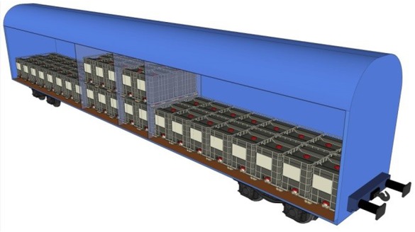 Figure 7 Proposal for load distribution of 52 IBC containers in the case of the railway wagon Habbillns with payload of 59 t [3]