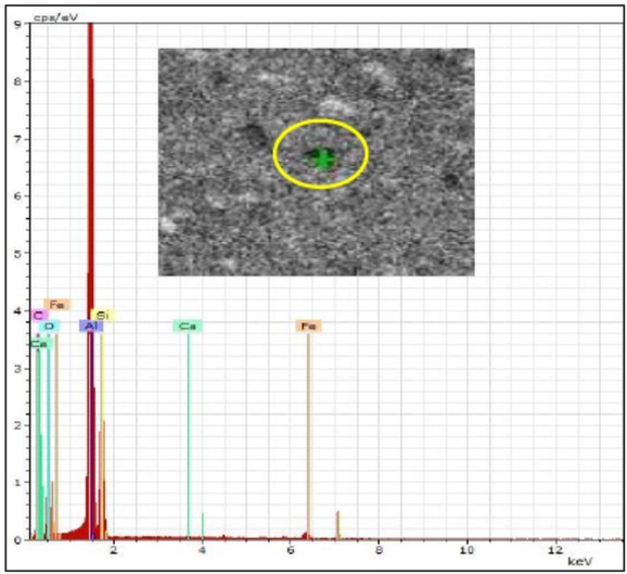 Figure 7 EDX- SEM analysis of a dark point (inside the yellow circle) in the microstructure of Al-3% Gr Covetic cast (at 170 Amp with 12 V).