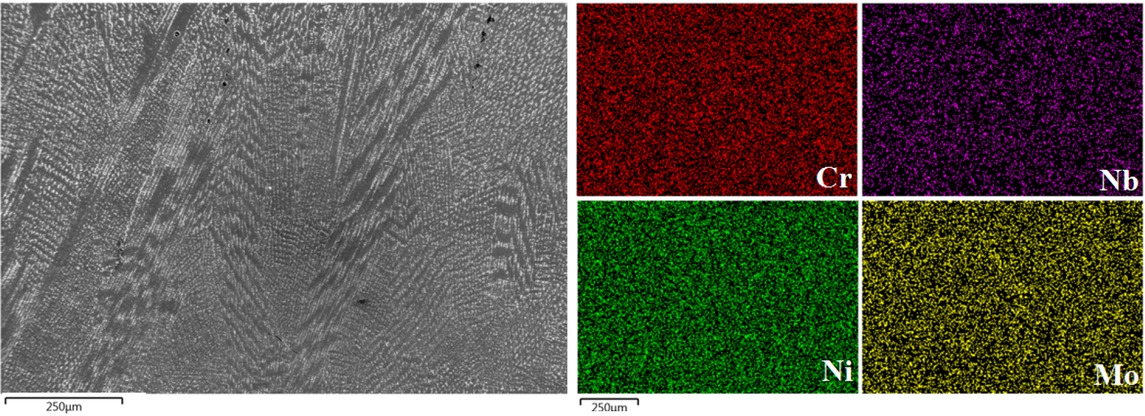 Figure 10 Quality EDS analysis of chromium, nickel, niobium and molybdenum map distribution in lower layers