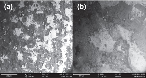 Figure 2 SEM images of BMG machined surface at (a) 4 A, 50 μs combination and (a) 12 A, 150 μs combination using 200 times magnification