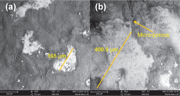 Figure 3 SEM images of BMG machined surface at (a) 4 A, 50 μs combination and (a) 12 A, 150 μs combination using 500 times magnification