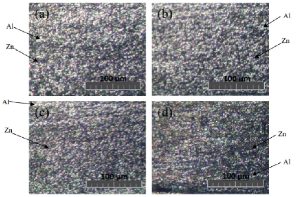 Figure 4 Microstructure of friction stir-welded specimen under various Zn Particle volumes of (a) 22 mm3, (b) 45 mm3, (c) 67 mm3, and (d) 90 mm3