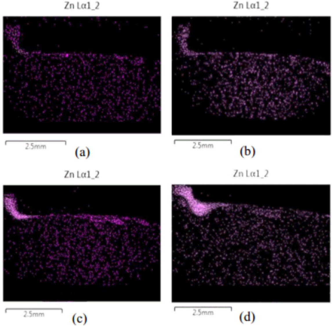 Figure 5 EDS mapping of friction stir-processed specimen under various Zn Particle volumes of (a) 22 mm3, (b) 45 mm3, (c) 67 mm3, and (d) 90 mm3