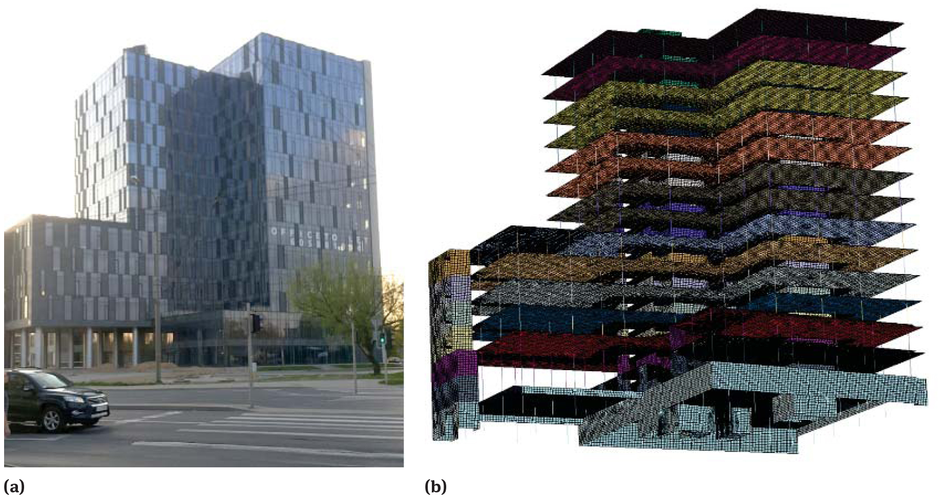 Figure 1 The analysed building: a) a perspective of the view structure, b) a 3D numerical model