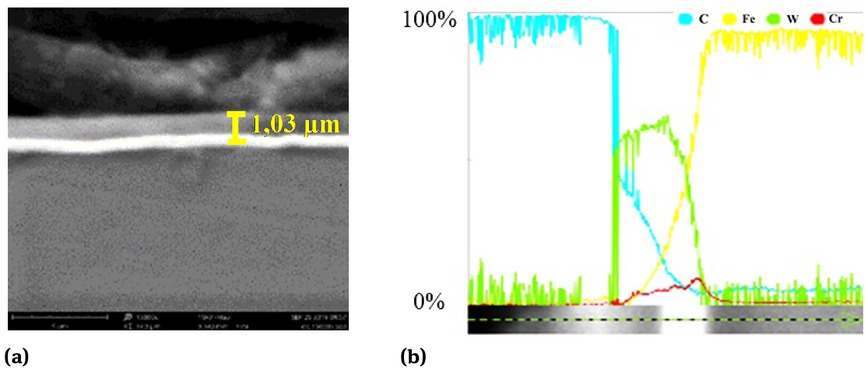 Figure 1 SEM images: a) microstructure of the a–C:H coating in the cross–section together with the thickness measurement, b) view of the cross–section of the a–C:H coating and linear distribution of the elements making up the coating.