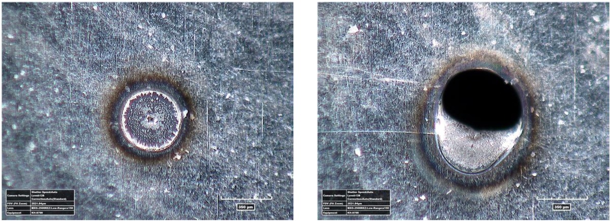 Figure 3 Selection of welding parameters for 0H18N9 steel foil. View of the weld face for the following pulse lengths: left 1ms, right 2ms.