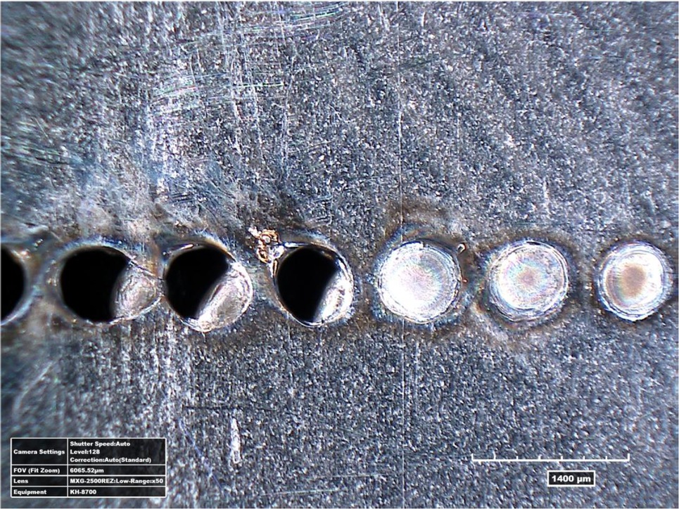 Figure 5 Selection of welding parameters for joining nickel foil and 0H18N9 steel foil. Face view for the following pulse lengths (from left to right): 7ms, 6 ms, 5ms, 4ms, 3ms and 2ms.