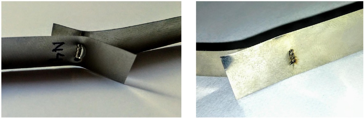 Figure 6 Samples with a four-spot weld broken on the testing machine: Ni/Ni joint on the left, 0H18N9/Ni joint on the right.