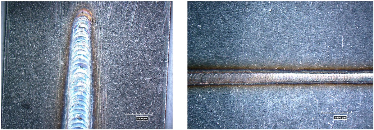 Figure 7 Continuous weld face consisting of spot welds for: on the left – the dissimilar joint 0H18N9/Ni, on the right – 0H18N9/0H18N9.