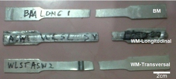 Figure 11 Typical fractured specimens from tensile tests, showing the fracture location of the AL6061 BM and WM.