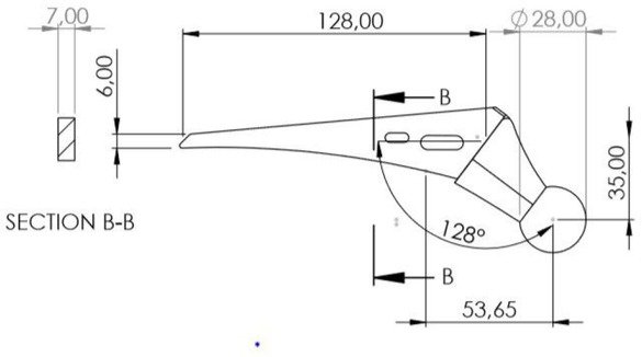 Figure 2 Main size of hip stem with stem length 128 (mm)