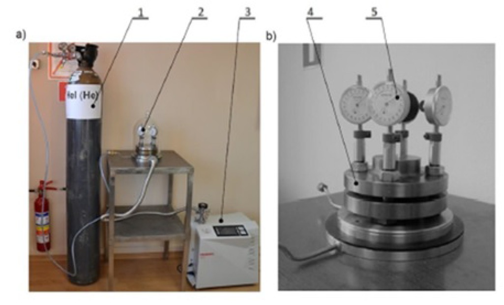 Figure 15 Test rig for the leakage test: 1- helium reservoir, 2-glass cover, 3 – helium detector, 4- flange bolted joint with gasket, 5 micrometric measuring system