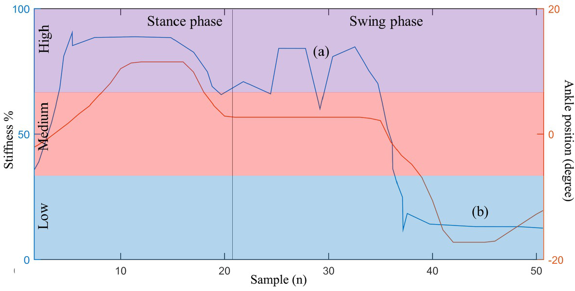 Figure 10 Practical applications result in implementing the trained network to PICAFO. (a) High stiffness at the initial swing phase prevents the foot drop; (b) Low stiffness at the end of the swing phase allows natural initial contact